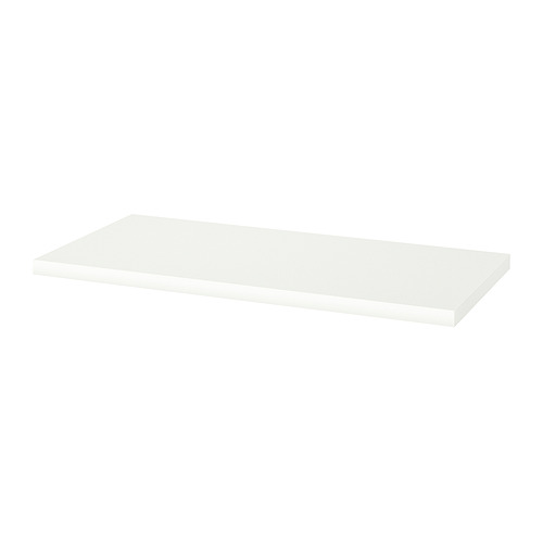 Un tablero de escritorio blanco LINNMON con superficie plana y bordes cuadrados, hecho de tableros de fibra y tableros de partículas con un relleno de papel de nido de abeja.