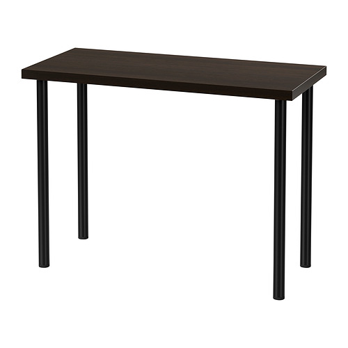 LINNMON desk: dark brown top, black metal legs, rectangular shape, minimalist design.