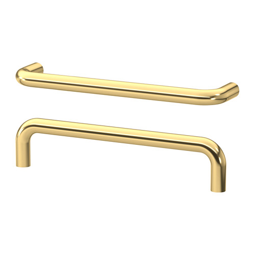Dos tiradores de armario dorados, elegantes y arqueados, con un diseño moderno. Perfecto para armarios de cocina o baño.