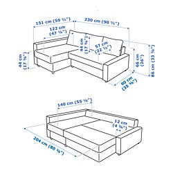 Ilustración de medidas - FRIHETEN Sofá cama 3 plazas con chaiselongue