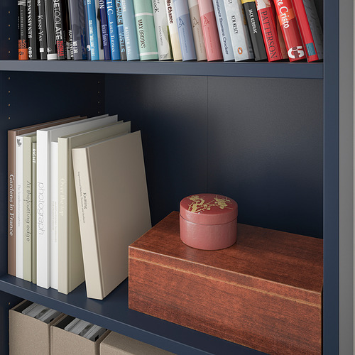 Estantería con estantes ajustables en azul oscuro, que contienen varios libros y una caja decorativa roja.