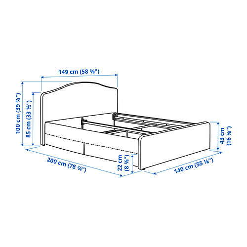 Measurement Illustration - RAMNEFJÄLL upholstered bed frame