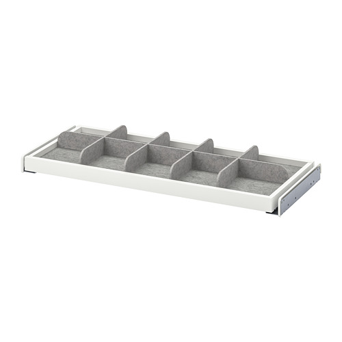 Organizador de cajones KOMPLEMENT blanco con separadores grises.