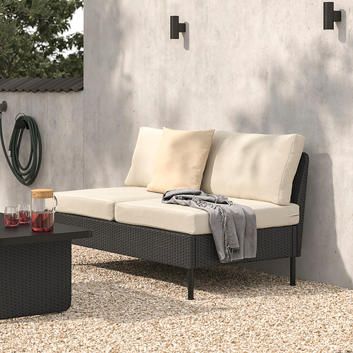 Outdoor lounge set: VITTSKÄR with light beige cushions, black rattan, modern design, large size.