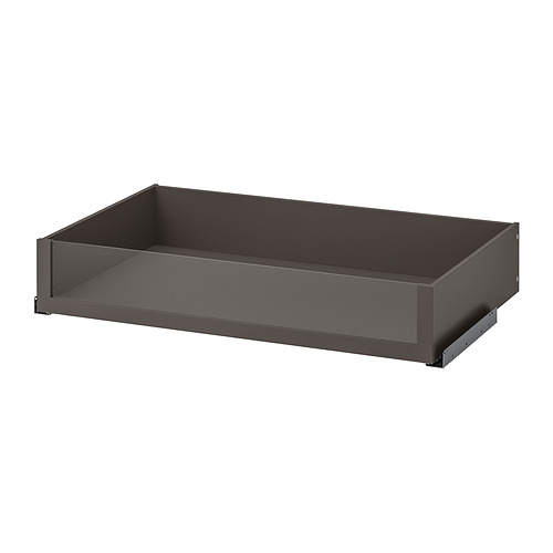 Un cajón KOMPLEMENT vacío de color gris oscuro con frente de cristal, forma rectangular y diseño elegante.
