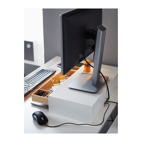 Soporte de monitor ELLOVEN blanco con almacenamiento, ajustable para ergonomía, y organiza los cables del mouse con detalles de bambú.