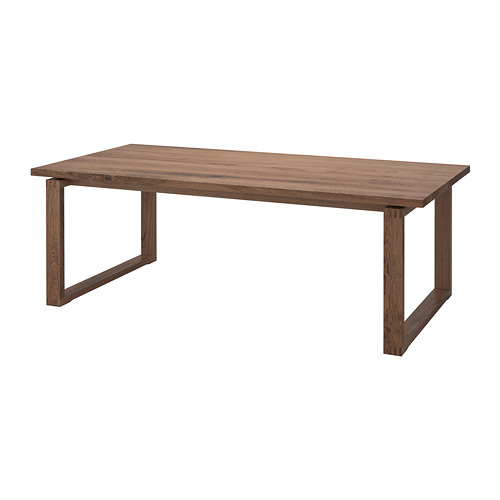 MÖRBYLÅNGA dark brown dining table with oak top, square legs.