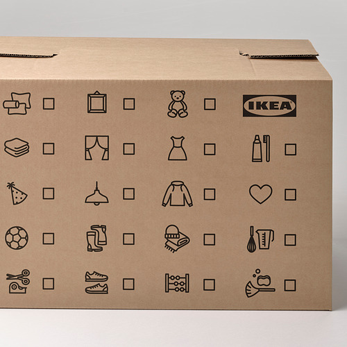 Caja plana de cartón ikea con varios iconos y texto, lista para mover y guardar.