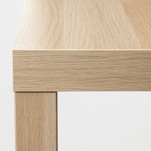 Primer plano de un elegante borde de mesa de madera de color claro, que muestra un acabado suave y un diseño robusto.