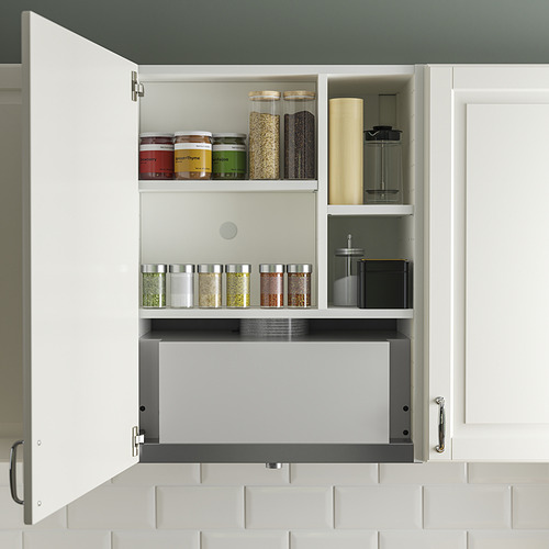 Mueble de cocina con campana extractora integrada, con luz led y múltiples estantes para tarros de especias y artículos de cocina.