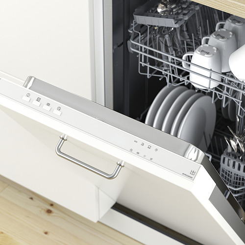 Lavavajillas abierto con tazones, tazas y platos llenos; Panel de control visible, que muestra funciones como Eco y Rapid Wash.