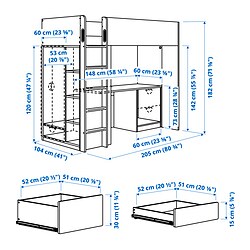 Ilustración de medidas - SMÅSTAD cama alta con escritorio
