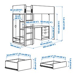 Ilustración de medidas - SMÅSTAD cama alta con escritorio