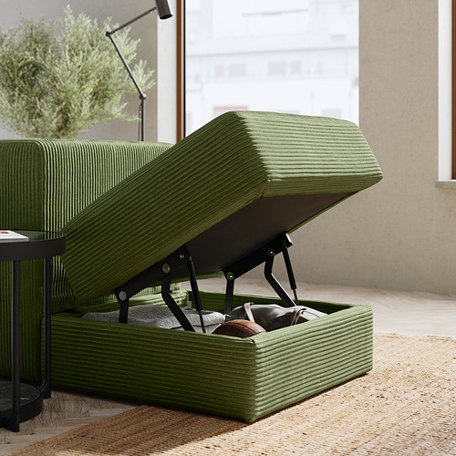 El sofá JÄTTEBO verde muestra almacenamiento, tela suave, líneas limpias, diseño cómodo.
