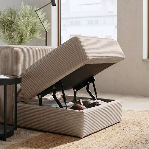 Sofá moderno con almacenaje, tela de rayas beige, bisagras de metal negro.