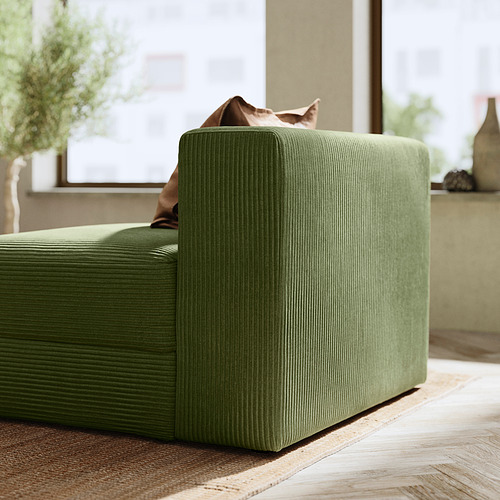 Rincón de sofá modular JÄTTEBO verde, con un diseño moderno con tejido de pana. Suave, angulado, con almacenamiento incorporado.