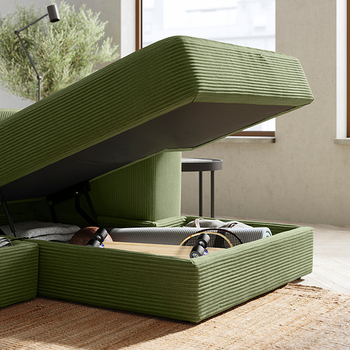 Moderno sofá JÄTTEBO verde oliva con almacenaje. Diseño suave y modular con cojines y tumbona, perfecto para relajarse.
