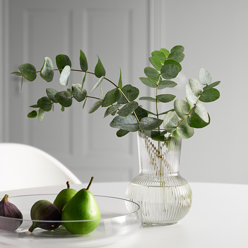 Moderno jarrón PÅDRAG de vidrio transparente con diseño texturizado, que sostiene vegetación. Se sienta junto a un pequeño plato de frutas verdes sobre una mesa blanca.