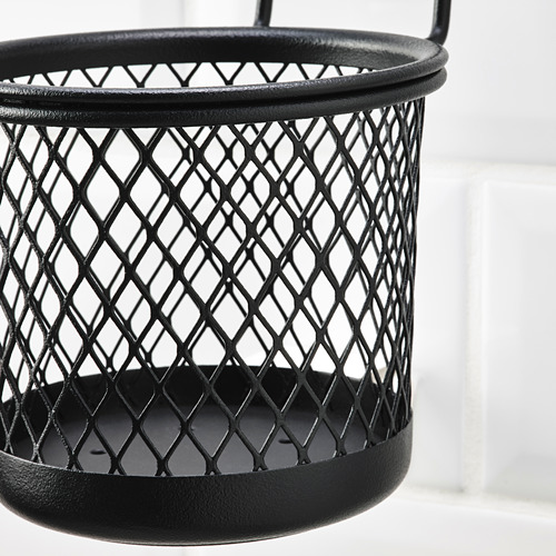 Organizador colgante de malla metálica negra, diseño robusto y funcional con asa.