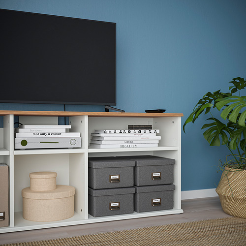 Un moderno mueble de televisión con estantes abiertos, que almacena libros y cajas, contra una pared azul. Alfombra color crema sobre el suelo de madera. Gran planta en maceta a la derecha.