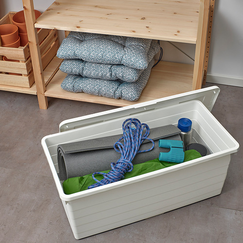Abra una caja de plástico con un paño verde, una cuerda y una botella de agua. Cerca de la estantería con cojines y plantas.