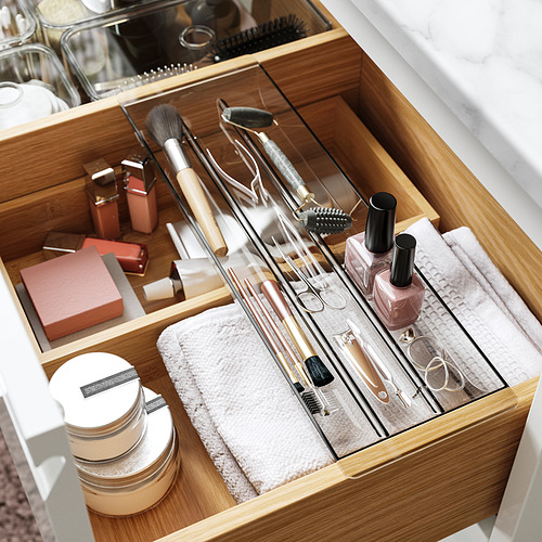 Compartimentos transparentes, organizador de cajones de madera para maquillaje, esmalte de uñas, artículos de tocador.