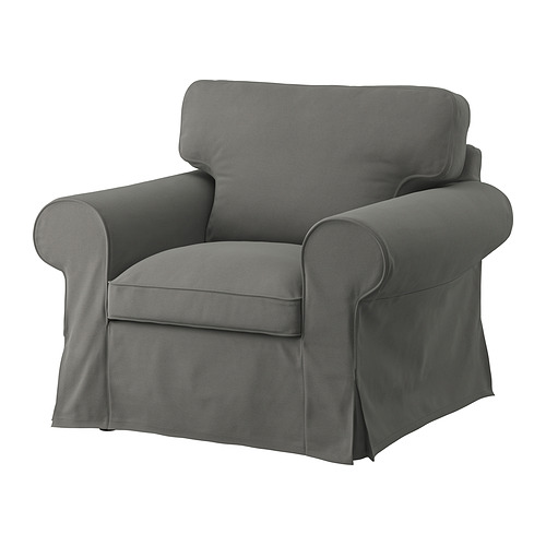 Un sillón EKTORP gris con cojines de felpa y brazos enrollados, que ofrece un diseño cómodo y atemporal.