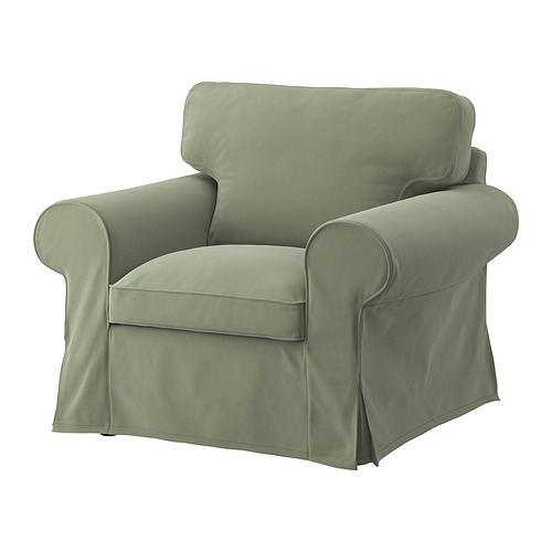 Cómodo sillón EKTORP verde salvia con brazos enrollados y funda desenfundable.