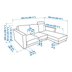 Ilustración de medidas - VIMLE sofá 3 plazas con chaiselongue y reposacabezas