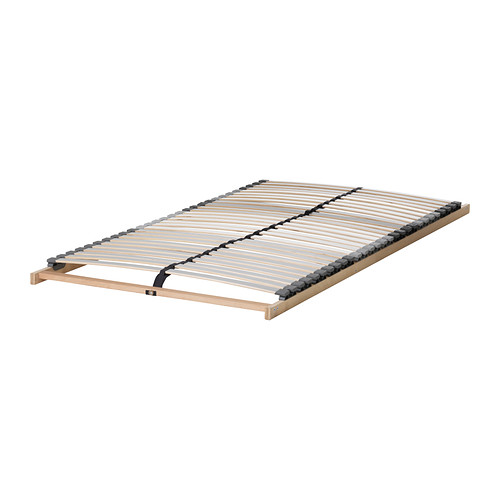 Estructura de cama BRIMNES, madera clara, somier, laterales ajustables, diseño compacto.