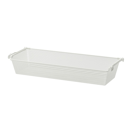 Una cesta de almacenamiento de malla KOMPLEMENT blanca, de forma rectangular con asas para facilitar el acceso.