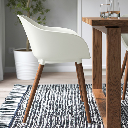Comedor moderno con sillas blancas y una mesa de madera sobre una alfombra a rayas, con asientos fáciles de limpiar y patas robustas.