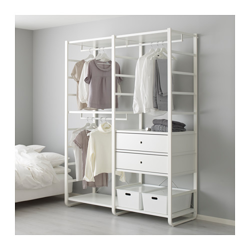 ELVARLI almacenamiento blanco, estanterías, barras para colgar, ropa, cajones, cestas. Alto al lado de la cama.