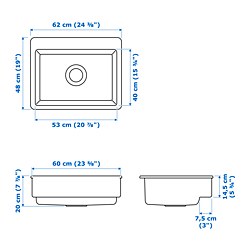 Ilustración de medidas - HAVSEN fregadero con frente visto de 1 seno, incluye filtro/sifón