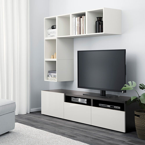 EKET / BESTÅ, Mueble modular de tv con cajones y puerta combinado con estanterías cubo a la pared. 2 de 5 abrir diálogo
