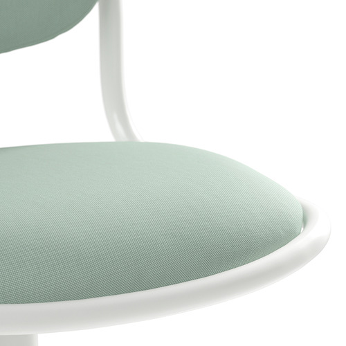 Una superficie de asiento redonda y tapizada, probablemente de una silla moderna, en una tela verde pastel, sostenida por un marco de metal blanco.