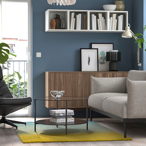 Acogedora sala de estar con alfombra de colores, sofá gris y silla negra. Paredes azules, estantería, armario de madera, mesa de centro de cristal, lámpara y plantas.