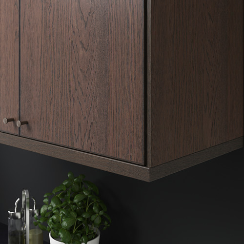 Mueble de madera oscura con ribete de roble; Pequeña planta en el mostrador de abajo.
