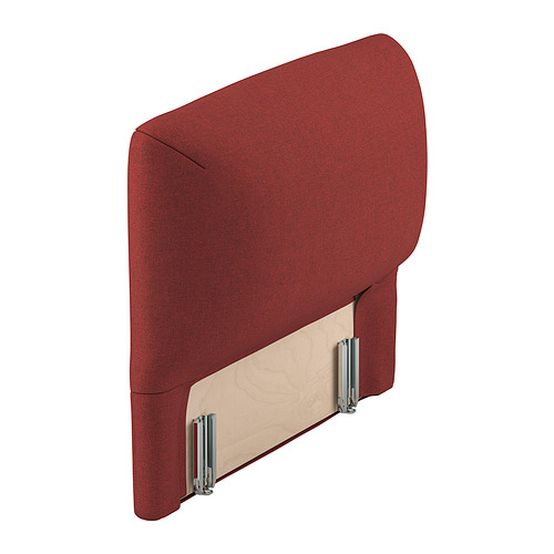 Cabecero rojo, tapizado con tela gunnared, unido a base de madera con clips metálicos.