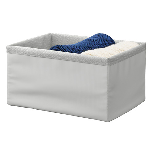 Organizador de tela gris BAXNA con toalla azul, forma rectangular, poliéster reciclado.