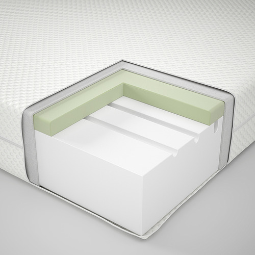 Sección transversal de un colchón blanco que muestra las capas: espuma base, espuma viscoelástica y tela superior.
