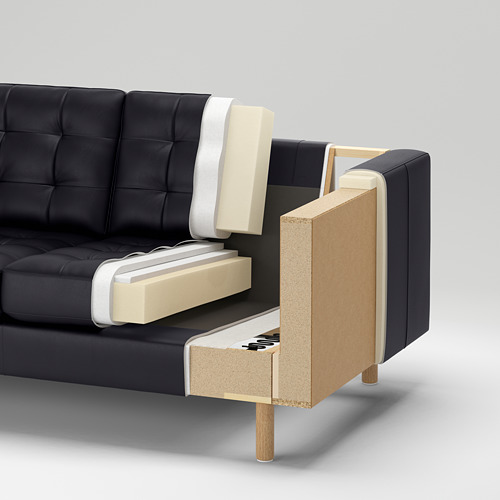 Un sofá con construcción a la vista: exterior de tela oscura, espuma, madera contrachapada, tableros de partículas e interior de madera maciza.