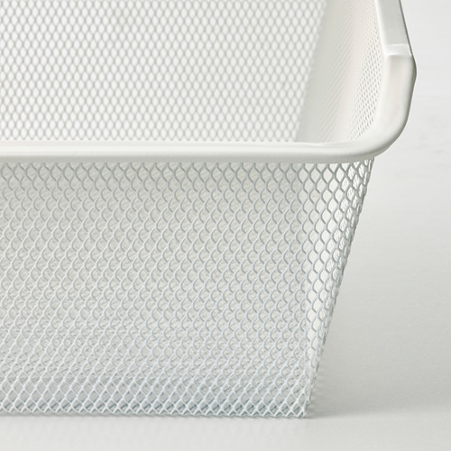 Cesta de almacenamiento de malla blanca con patrón de diamante, que ofrece ventilación y visibilidad.