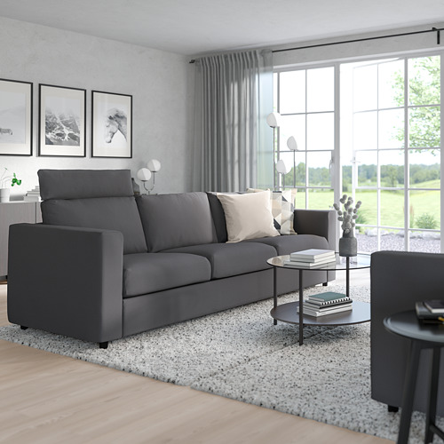 Moderno sofá VIMLE gris, elegante y espacioso, se adapta bien a habitaciones grandes, con cojines de felpa y diseño contemporáneo.