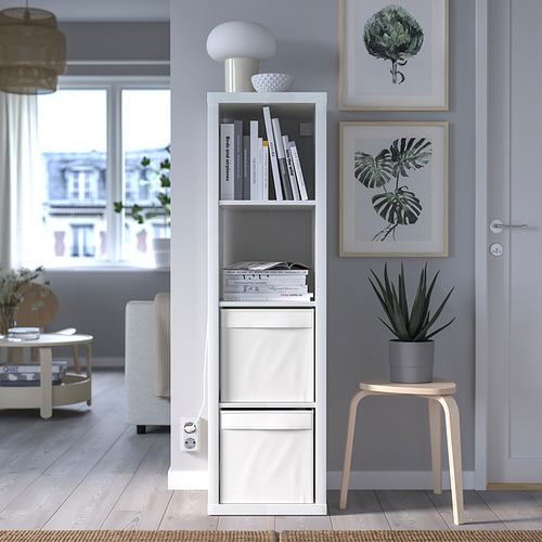 Sala de estar moderna con almacenamiento DRÖNA, libros, decoración, arte vegetal y luz natural.