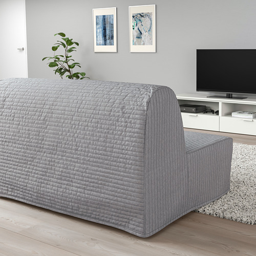 Sofá cama moderno de lycksele gris claro, decoración minimalista, arte abstracto, alfombra peluda, TV de pantalla plana.