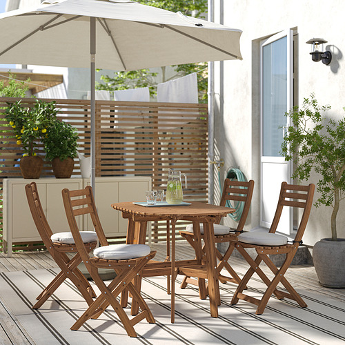 Acogedor patio con mesa y sillas ASKHOLMEN, cojines, sombrilla en la cubierta. Ideal para espacios pequeños.