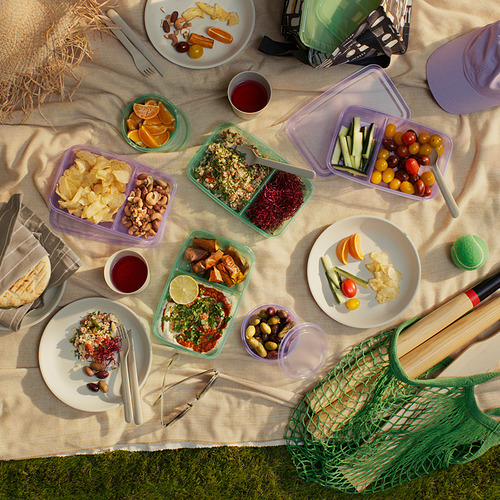 Picnic extendido con recipientes PRUTA de varios colores, con bocadillos, verduras y salsas. Una bolsa de red se encuentra cerca sobre una manta.