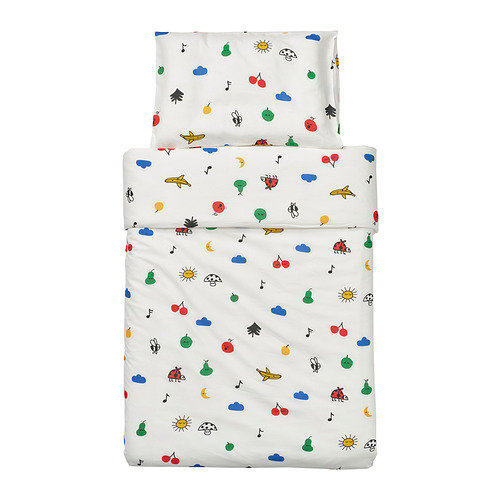 Ropa de cama para bebés GRÖNFINK: edredón y almohada blancos, frutas de colores, insectos, diseño de la naturaleza, 80% algodón.