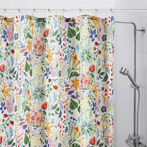 Cortina de ducha STRANDLUMMER: blanca con motivos florales vibrantes, 72x72, poliéster, repelente al agua. Se adapta a nichos de baño, luminosos y casuales.